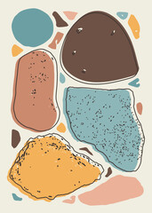 Abstract pebble artwork with turquoise, brown, ochre, and coral shapes in textured organic forms and sketch contours. Perfect for poster, decor, artwork, wallpaper, or printable design.