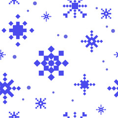 Seamless pattern with pixel art snowflakes in geometric blue shapes on a white background for winter backgrounds, holiday cards, wrapping paper, digital textiles, web design, packaging. Vector