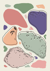 Colorful abstract pebble background with organic pastel shapes in purple, mint, and peach tones. Perfect for modern artwork, poster, or decor. Ideal for printable card, branding, and packaging visual.
