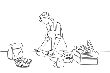 Single continuous line drawing a woman flattens the dough using a rolling pin. A fun new hobby. Getting creative with cooking. Delicious snacks. World Baking Day. One line design vector illustration
