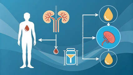Stylized Infographic of the Human Excretory System and Kidney Function Visual Diagram of Filtration, Urine Production, and Body Fluid Balance