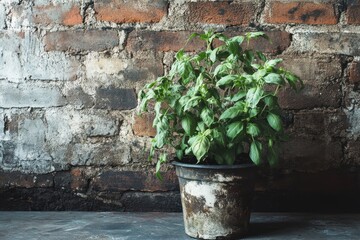 Basil plant in a pot, with a rustic brick wall as background element. Ideal for food blogs, cooking, healthy recipes or kitchen concepts.