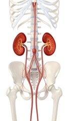 3D High-Resolution Medical Illustration of the Human Kidneys, Major Blood Vessels, and Skeleton Anatomical View Detailed Render of the Urinary System and Lower Torso Bones