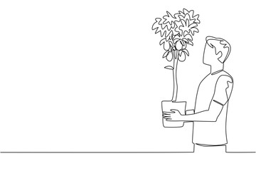 Continuous one line drawing a man holding a lemon tree in a pot that is already bearing fruit. Examples of successful cultivation. Plant a Lemon Tree Day. Single line draw design vector illustration