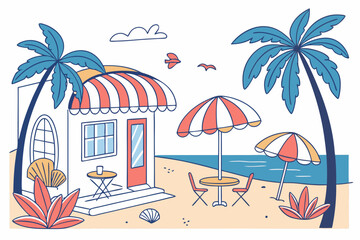 Obraz premium Seaside cafe with palm trees and umbrellas on a beach