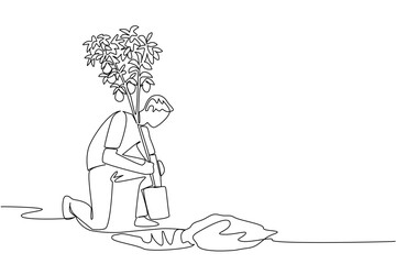 Single continuous line drawing a man inserts lemon tree bearing fruit into a hole in the ground. Well cultivated. Delicious and refreshing. Plant a Lemon Tree Day. One line design vector illustration