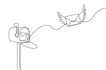 Single continuous line drawing open mailbox with a winged envelope flying towards the mailbox. Send directly to destination. Send an Electronic Greeting Card Day. One line design vector illustration