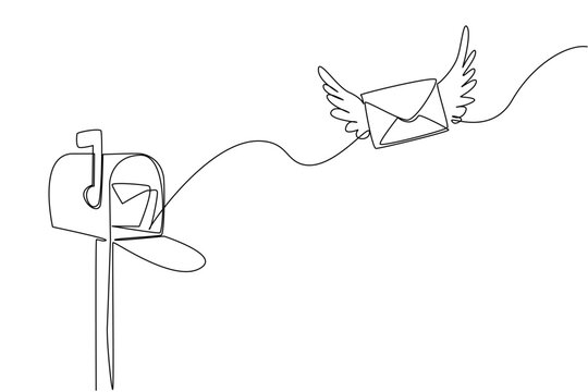 Single continuous line drawing open mailbox with a winged envelope flying towards the mailbox. Send directly to destination. Send an Electronic Greeting Card Day. One line design vector illustration