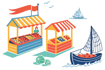 Fototapeta premium Seaside market with fruit stalls and boats vector