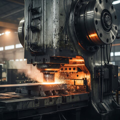 Powerful industrial metal press shaping steel with vibrant sparks flying in a modern factory, showcasing precision engineering and manufacturing excellence
