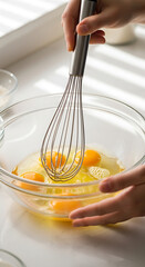 Baking preparation with fresh eggs being whisked in a glass bowl, the perfect start to a delicious cake batter, home cooking and baking, culinary arts