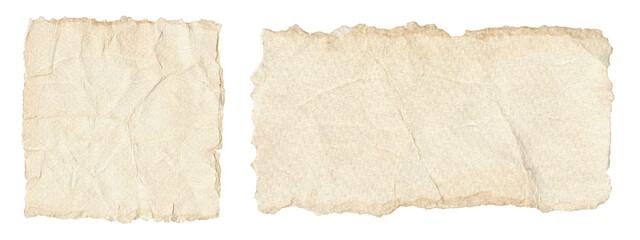 Set of Torn and Crumpled Vintage Paper. Beige notebook pages, blank notes and rough textured pieces isolated with transparent background
