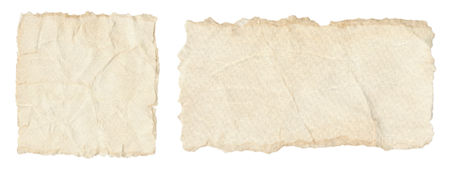 Set of Torn and Crumpled Vintage Paper. Beige notebook pages, blank notes and rough textured pieces isolated with transparent background
