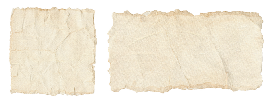 Set of Torn and Crumpled Vintage Paper. Beige notebook pages, blank notes and rough textured pieces isolated with transparent background