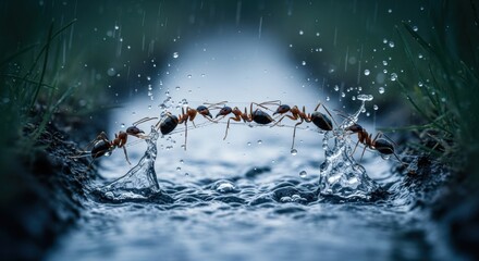Ants Crossing Water Stream in Rainy Environment with Splash and Dewdrops