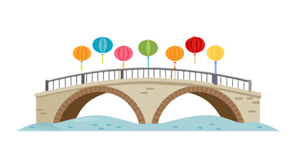 Stone bridge with colorful lanterns over water arch