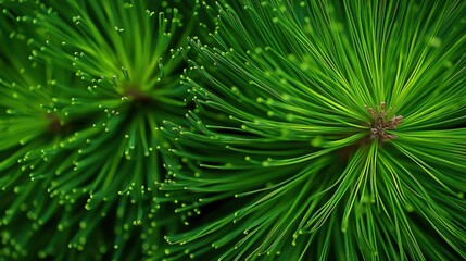 Obraz premium Close-up of vibrant green Arctic cypress foliage with small leaves and glistening water droplets in bright sunlight, soft blurred background highlighting intricate texture. Ideal for botanical studies