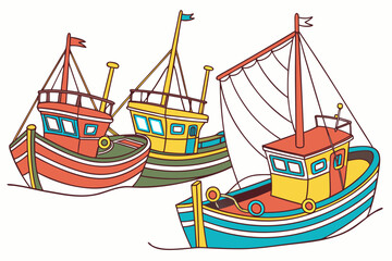 Three colorful fishing boats on white background vessel