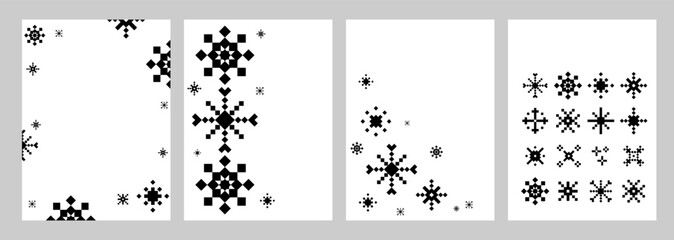 Winter Set of vertical white templates with modern minimal snowflakes for greeting cards, posters, flyers, invitations, digital designs, and seasonal print materials. Vector illustration