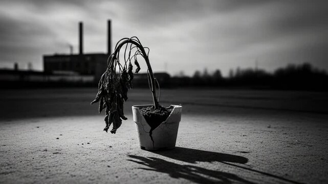 A Withering Plant in a Cracked Pot Set against an Industrial Urban Background with Chimneys Looming in the Distance, Captured in Black and White