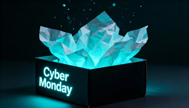 Illuminated black gift box with bright cyan tissue paper and Cyber Monday glowing text, symbolizing surprise discounts, mystery deals, holiday promotions and the digital spirit of online shopping.