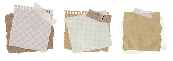 Set of Torn Vintage Notebook Paper. Aged grid sheets, spiral notes and blank textured pieces for scrapbooking, note, journal, diary and craft collage isolated on transparent background