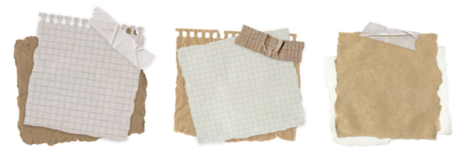 Set of Torn Vintage Notebook Paper. Aged grid sheets, spiral notes and blank textured pieces for scrapbooking, note, journal, diary and craft collage isolated on transparent background