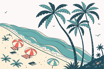 Obraz premium Tropical beach scene with palm trees and umbrellas 1