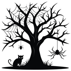 Black silhouette of spooky tree with spiders and cat isolated on a white background
