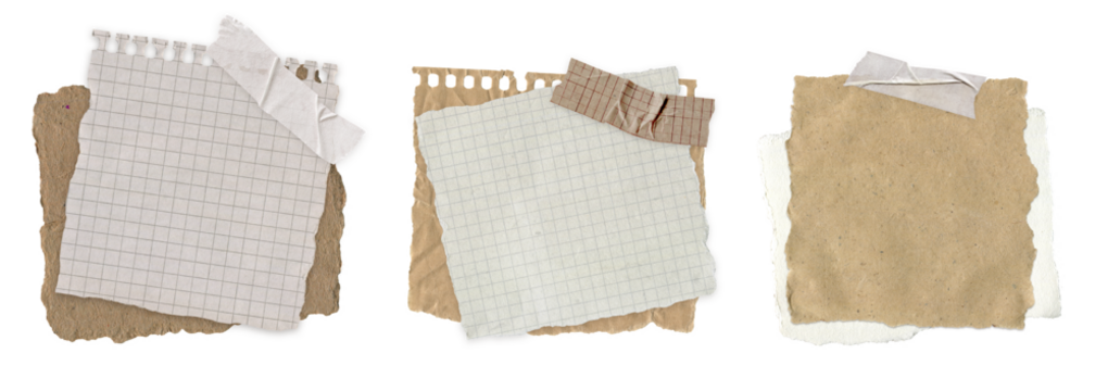 Set of Torn Vintage Notebook Paper. Aged grid sheets, spiral notes and blank textured pieces for scrapbooking, note, journal, diary and craft collage isolated on transparent background