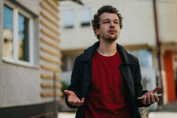 A young man standing outdoors against an urban background, featuring a contemplative and focused...