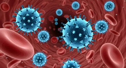 Detailed visual of blue virus cells and red blood cells in bloodstream for health and science educational content
