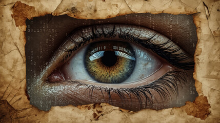 Close Up Human Eye With Digital Binary Code Reflected On Iris Framed By Old Parchment Paper Texture. Eye On Parchment