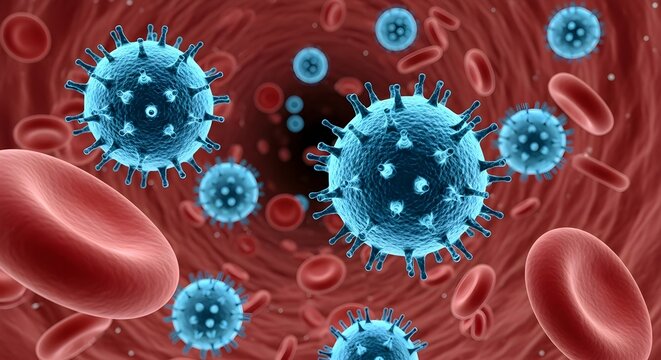 Detailed visual of blue virus cells and red blood cells in bloodstream for health and science educational content