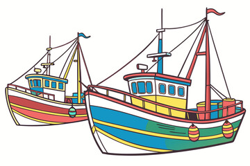 Two colorful fishing boats with masts and flags ship