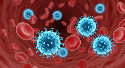 Microscopic view of infectious virus cells attacking red blood cells inside blood vessel for medical research use