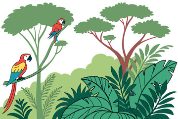Two colorful parrots perched in a lush jungle scene