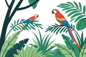 Two colorful parrots perched on branches in a lush jungle 1