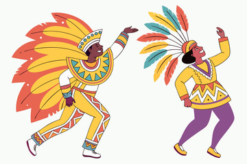 Two dancers in colorful costumes with feathered headdresses 1
