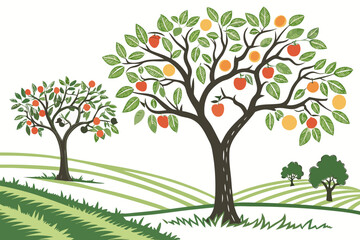 Obraz premium Two fruit trees with red and orange fruits and green leaves