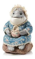 Dolphin wearing a blue dress and glasses is sitting on a rock