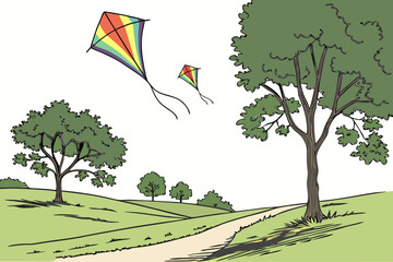 Two rainbow kites flying over a green park landscape