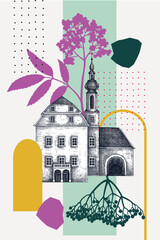 Collage-style architectural poster. Hand drawn castle illustration. Abstract print design with botanical and geometric elements. NOT AI generated