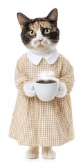 Cat in a dress holding a cup of coffee