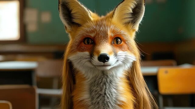 A close-up shot of a stuffed fox sitting on a desk or shelf in a typical classroom setting