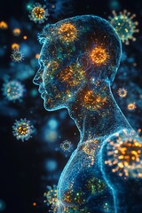 3D medical visualization of a human body silhouette covered with measles rash patterns and Koplik spots