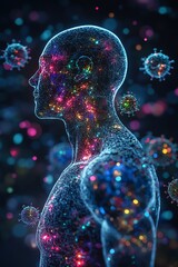 3D medical visualization of a human body silhouette covered with measles rash patterns and Koplik spots