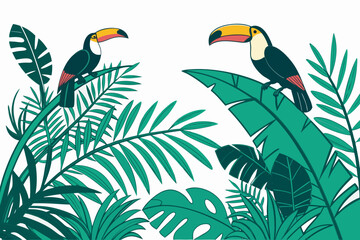 Two toucans perched on tropical leaves illustration