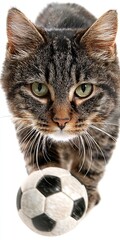 Cat is holding a soccer ball in its mouth
