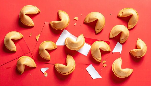 Fortune Cookies Arranged on Bright Red Background with White Paper Scraps Overhead Shot